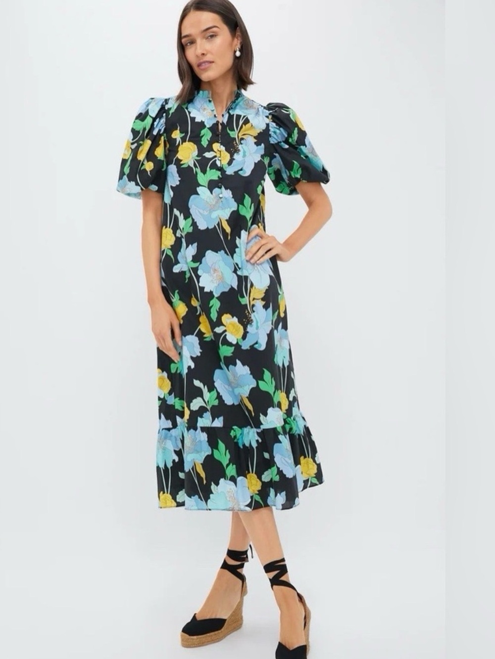 Hyacinth House Black Floral Midi Dress with Puff Sleeve
